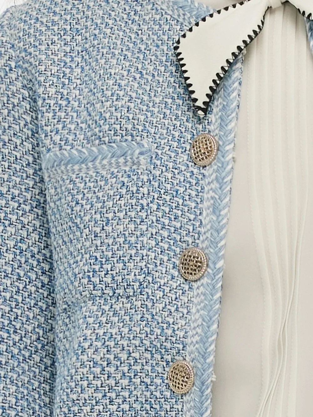 GOELIA Blue White Jacquard Tweed Jacket Sz XL Gold Button Cropped Bouclé Blazer - Picture 10 of 16